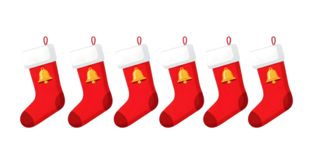 Row of six red christmas stockings with white trim and gold bells isolated on transparent background