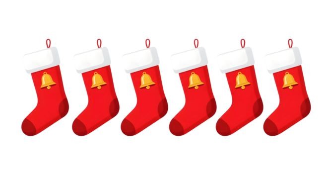 Row of six red christmas stockings with white trim and gold bells isolated on transparent background
