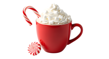A festive red mug filled with whipped cream and a candy cane with a peppermint candy on the side isolated on transparent background