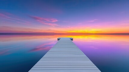 Obraz premium Wooden Pier Extending Into Calm Water Under A Vibrant Purple And Orange Sunset Sky With Reflections