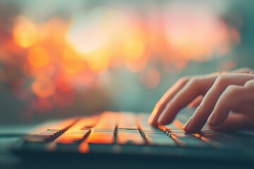 Typing on Keyboard Close-up of a person's hand typing on a backlit keyboard with colorful bokeh lights in the background