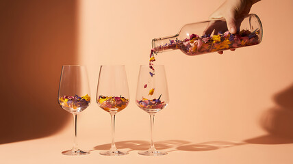 Hand pouring colorful flower petals from a bottle into wine glasses