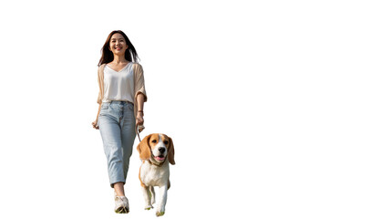 Girl and Dog's Gentle Stroll: A radiant woman embarks on a leisurely walk with her amiable dog, embodying the simple joy of companionship and the pleasure of outdoor activity. 
