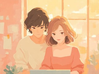 Typing on Keyboard Digital Illustration of Two Young Women Working Together in a Bright Cozy Office Space