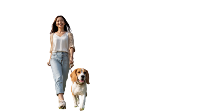 Girl and Dog's Gentle Stroll: A radiant woman embarks on a leisurely walk with her amiable dog, embodying the simple joy of companionship and the pleasure of outdoor activity. 