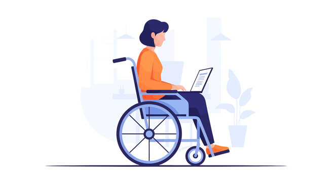 Modern businesswoman working remotely on laptop from wheelchair in bright office creating inclusive digital workspace and dynamic team environment