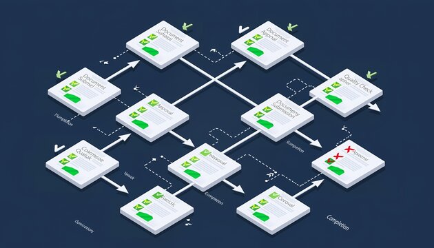 Digital Document Workflow Diagram with Checkmarks and Crossmarks in Dark Background