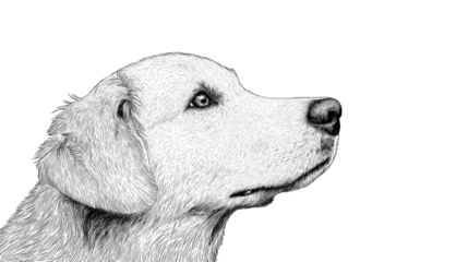 Golden Retriever Portrait: A detailed, monochromatic portrait of a golden retriever dog, capturing its focused gaze and gentle features, evoking a sense of calm and unwavering loyalty.