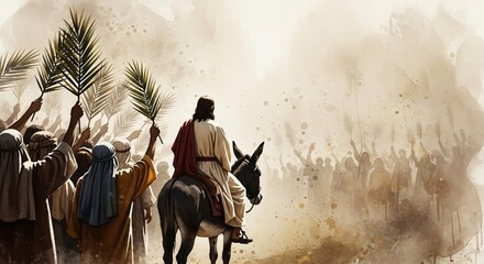 Obraz premium Jesus Triumphal Entry into Jerusalem Palm Sunday Biblical Art Christian Faith Illustration
