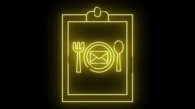 Glowing yellow neon menu board displaying a plate utensils and envelope symbol