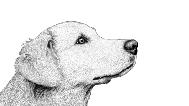 Golden Retriever Portrait: A detailed, monochromatic portrait of a golden retriever dog, capturing its focused gaze and gentle features, evoking a sense of calm and unwavering loyalty.