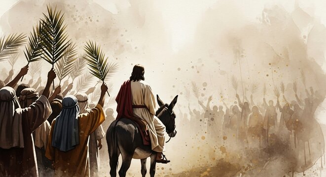 Jesus Triumphal Entry into Jerusalem Palm Sunday Biblical Art Christian Faith Illustration