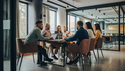 Business Team Meeting in Modern Conference Room with Natural Light and Glass Walls