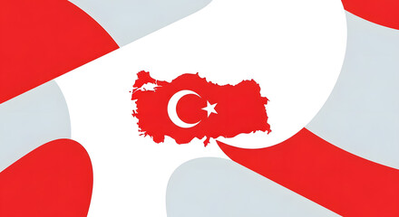Red turkey map with crescent and star on white and gray background with red stripes design