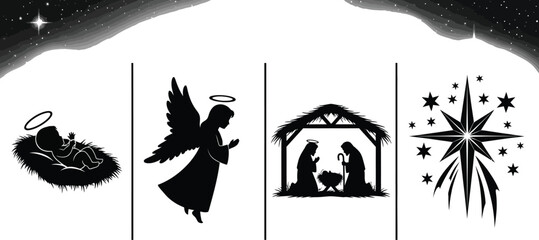 Obraz premium Four panels of christmas nativity scene in black and white