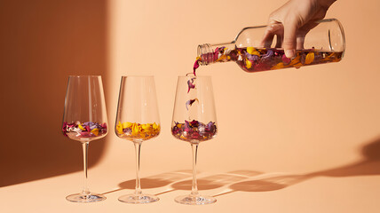 Hand pouring colorful confetti into wine glasses on a peach background