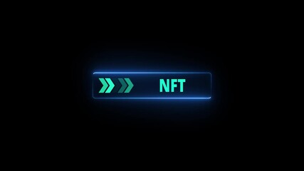 Glowing neon line animation pointing towards NFT button in looping with black background. left to right arrow moving on NFT text animation. 4k video - Powered by Adobe