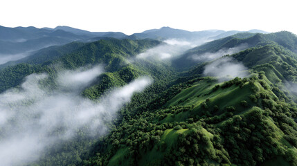 Green Mountain Range: A breathtaking panoramic view of a lush mountain range blanketed in verdant foliage, with wisps of ethereal clouds dancing through the valleys.