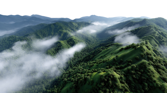 Green Mountain Range: A breathtaking panoramic view of a lush mountain range blanketed in verdant foliage, with wisps of ethereal clouds dancing through the valleys.