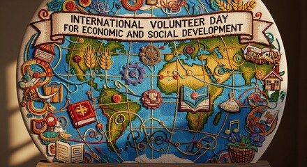 Colorful artistic world map celebrating International Volunteer Day for Economic and Social Development, featuring various symbols of global cooperation and progress.