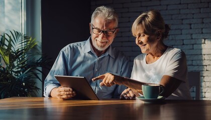 Elderly Couple Using Digital Tablet in Cozy Modern Kitchen Bright Natural Light