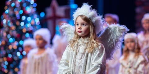 Fototapeta premium Young child in white angel costume with silver halo and wings performs in school nativity play amid twinkling lights. Innocent holiday pageant wonder, magical children's Christmas theater vibe.