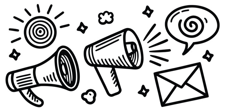 Hand-drawn communication, announcement, marketing, message, and attention doodle icons