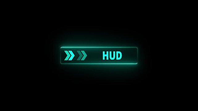 Glowing neon line animation pointing towards hud button in looping with black background. Up and down arrow moving on hud frame text animation. 4k video