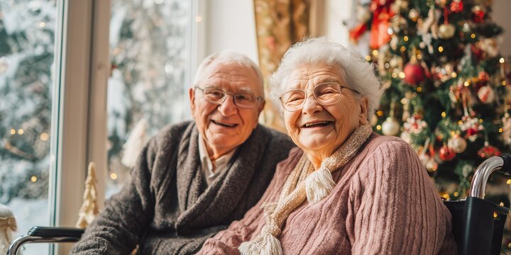 Smiling elderly couple, one in wheelchair, share warm Christmas moment with twinkling tree by window. Tender senior holiday joy, heartfelt nursing home festive love vibe.
