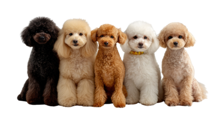 Poodles of Every Hue: A delightful array of poodles, each boasting a unique coat color, pose together in a heartwarming display of canine charm and elegance.
