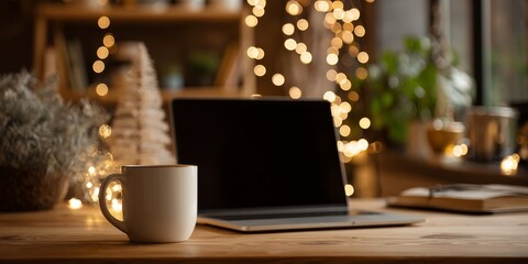 Open laptop and steaming ceramic mug on wooden desk with twinkling Christmas tree bokeh behind. Cozy remote work break, festive home office hygge vibe.