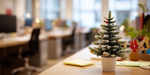 Mini decorated Christmas tree on empty office desk amid papers pens. Lonely corporate holiday symbol, abandoned festive workspace vibe.