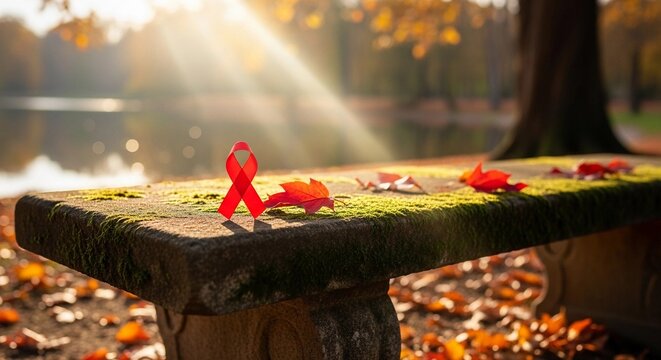 Red ribbon for AIDS awareness on a mossy stone bench with autumn leaves by a lake, bathed in golden sunlight.