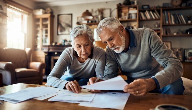 Elderly Couple Reviewing Documents in Cozy Living Room During Daylight
