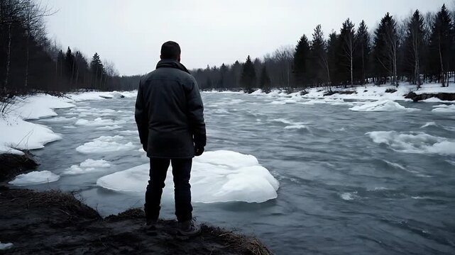 Man in dark jacket standing watching powerful icy river flow through winter forest
