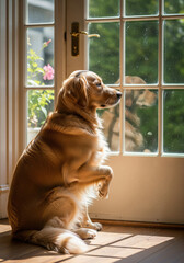 Domestic scene of a loyal golden retriever dog waiting patiently by a French door, bathed in warm morning sunlight