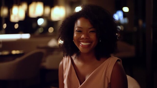 A beautiful woman with an radiant smile, captured at an elegant, softly lit setting Stock Video