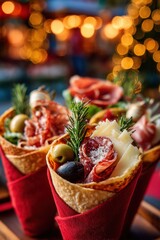 Gourmet charcuterie cones filled with assorted cheeses, olives, cured meats and rosemary sprigs, wrapped in elegant red paper, served at a holiday market.