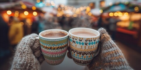 Two hands in knitted mittens holding mugs of hot cocoa with festive patterns, steam rising in front of blurred Christmas market lights. Warmth and comfort in a holiday crowd.