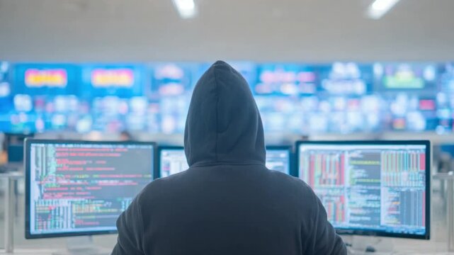 Code Sentinel: A hooded figure meticulously examines the intricate digital realm of codes and data on multiple screens, surrounded by the glow of complex information displays.