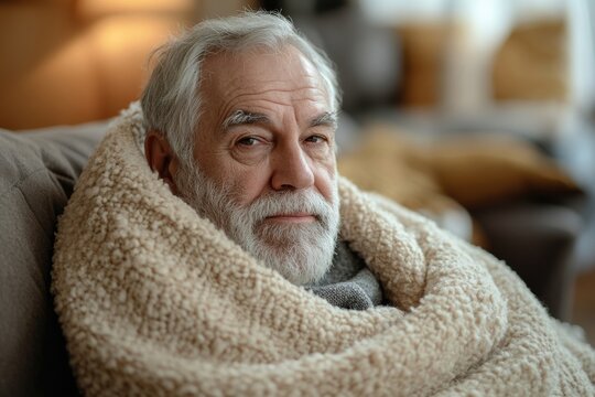 Thoughtful senior man at home wrapped in a cozy blanket, relaxing and reflecting on his day, enjoying moments of peace and comfort in his home environment, Generative AI
