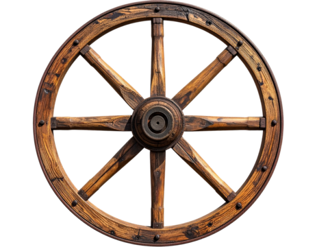 Old Farm Wagon Wheel Crafted from Aged Wood isolated on transparent background