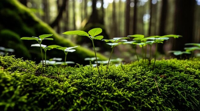 Lush green moss and tiny plants thrive in a tranquil forest setting