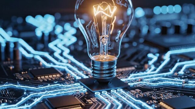 Lightbulb Glowing on Futuristic Blue Circuit Board Network