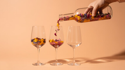 Hand pouring colorful flower petals from a bottle into wine glasses
