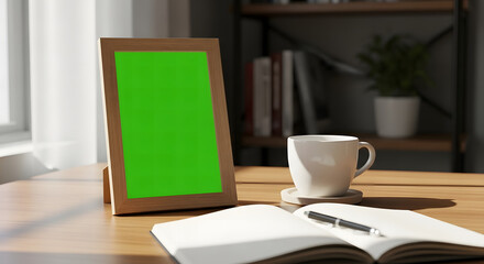 Wooden picture frame with a green screen mockup on a sunlit desk with a notebook and coffee cup.