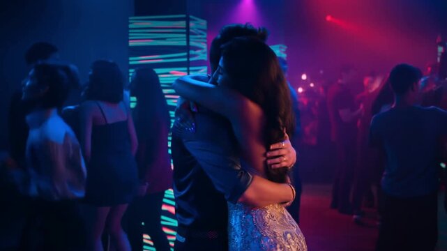 A couple embracing affectionately in a crowded nightclub, radiating intimacy amidst the vibrant atmosphere  Stock Video