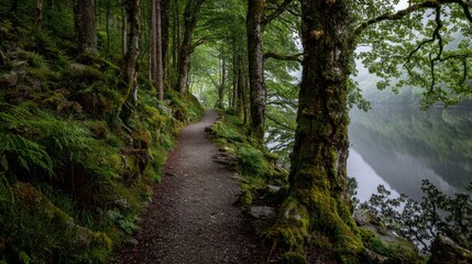 Fototapeta premium Winding path through a lush, mossy forest along a serene lake, capturing nature's tranquility