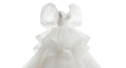 Luxurious white wedding dress with romantic ruffled skirt and large puffy sleeves fashion photography isolated PNG with Transparent Background