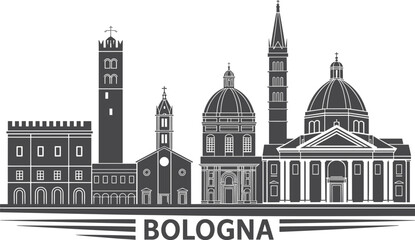 Black and white Bologna skyline with historic towers, domes, churches, classical facades, bold city name, Italian architectural heritage